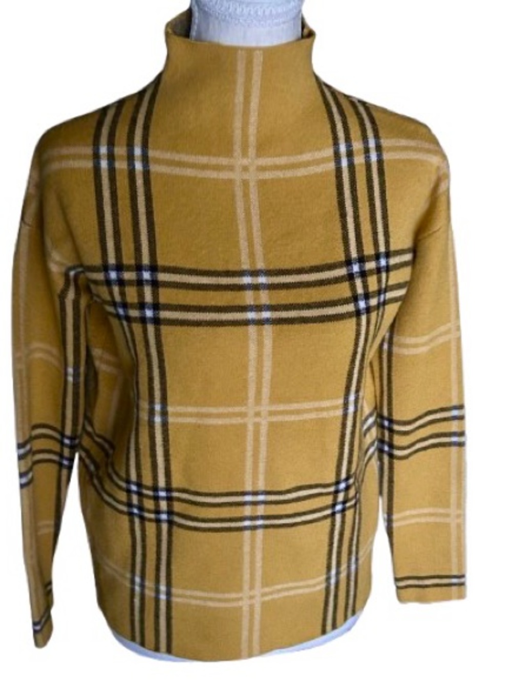 Extra Small Vintage TAHARI Plaid Sweater Yellow Tartan Turtleneck Knit Y2K 90s